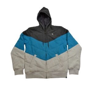 Hurley ICONIC BLOCKED Heather Grey Blue Stripe Men's Hooded Sweatshirt Medium